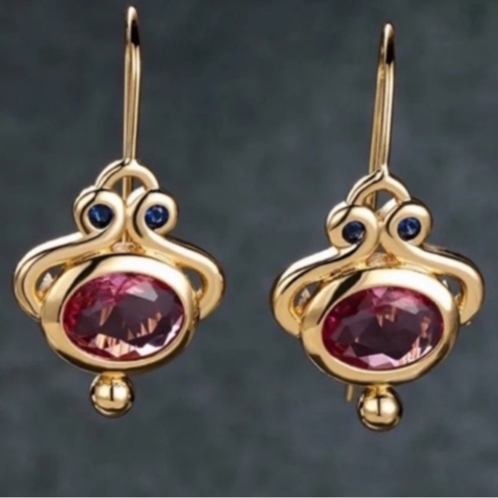 - - Garnet & Sapphires 18k Gold Filled Setting Earrings 1”